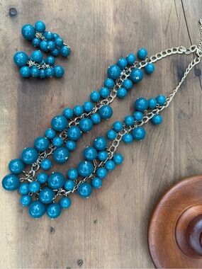 Vintage  Beaded Statement Necklace & Earrings Set - Bold Blue